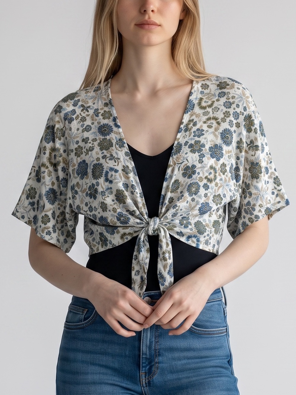 Sonoma Floral Tie-Front Crop Top in White, Cream and Blue